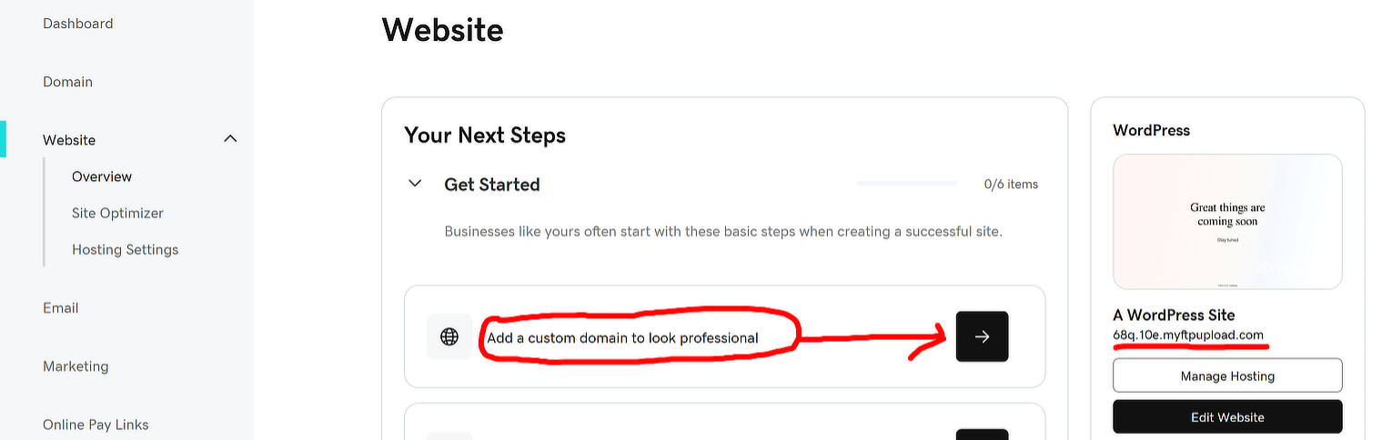 Vissual aid showing a screenshot in a hosting dashboard with add a custom domain highlighted