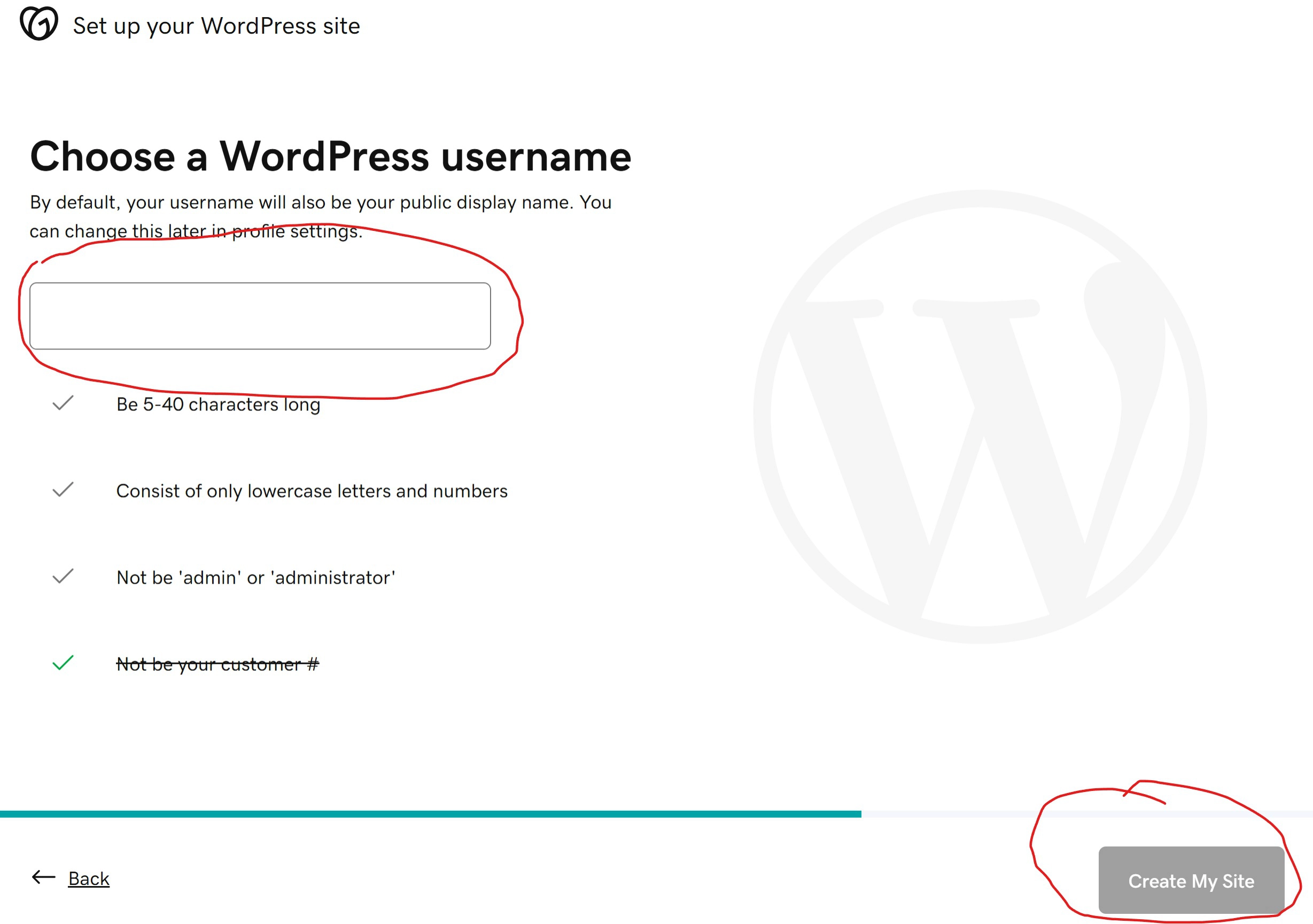 Installation wizard screen for choosing a username