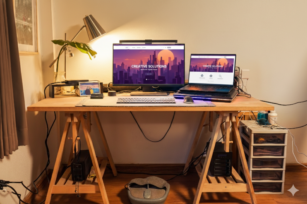 A cozy, modern home office desk with a large monitor and an open laptop, both displaying the home page of a new WordPress website. The workspace features a wooden desk, warm ambient lighting from a desk lamp, a mechanical keyboard, and various tech accessories, representing a completed initial setup of a website.