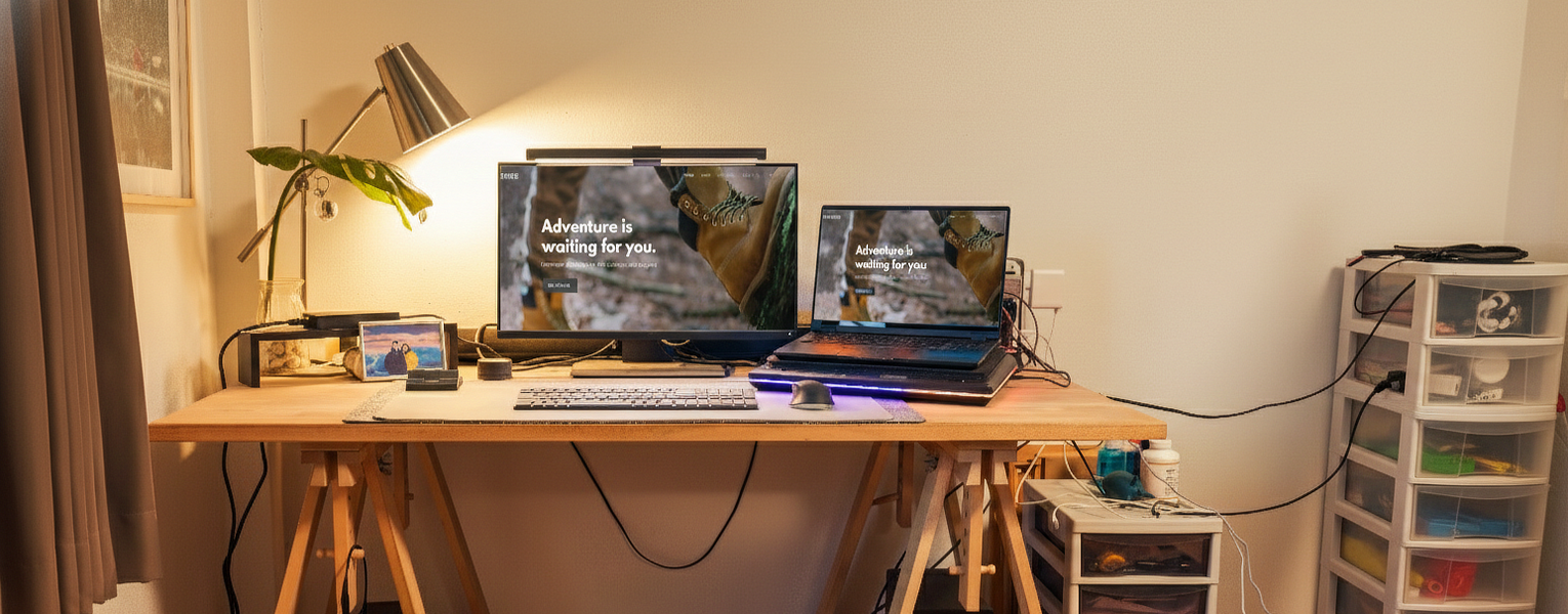 A cozy, modern home office desk with a large monitor and an open laptop, both displaying the home page of a new WordPress website. The workspace features a wooden desk, warm ambient lighting from a desk lamp, a mechanical keyboard, and various tech accessories, representing a completed initial setup of a website.