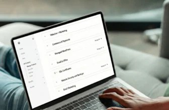 Person using a laptop to access a GoDaddy account dashboard. The screen displays a list of services including Websites + Marketing, Commerce & Payments, Managed WordPress, Email & Office, and SSL Certificates.