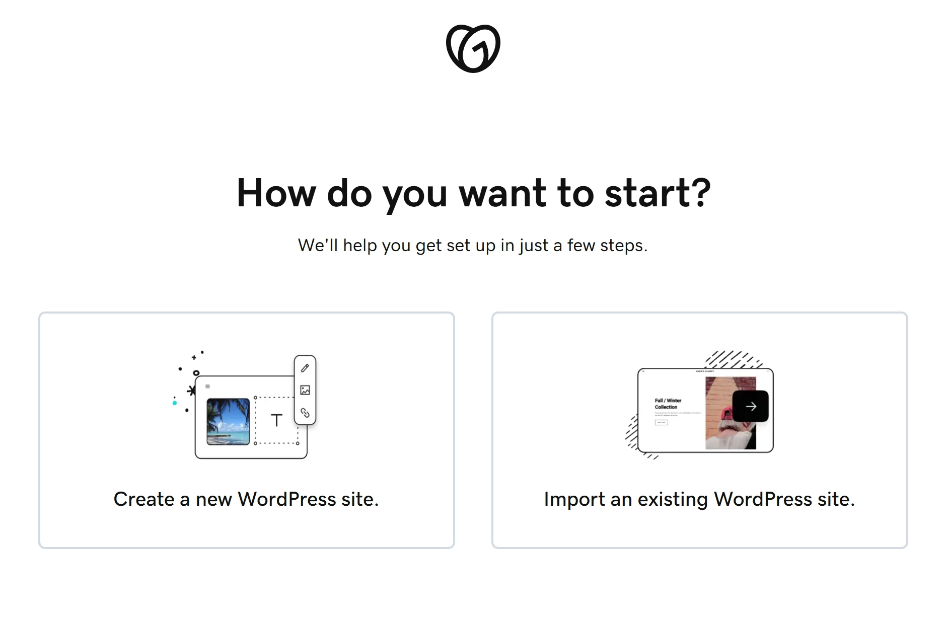 Set up GoDaddy Managed WordPress wizard screen for importing or creating a new WordPress site