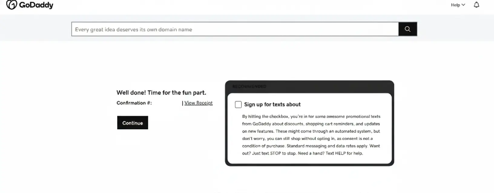 GoDaddy Managed WordPress Hosting purchase confirmation screen and next step