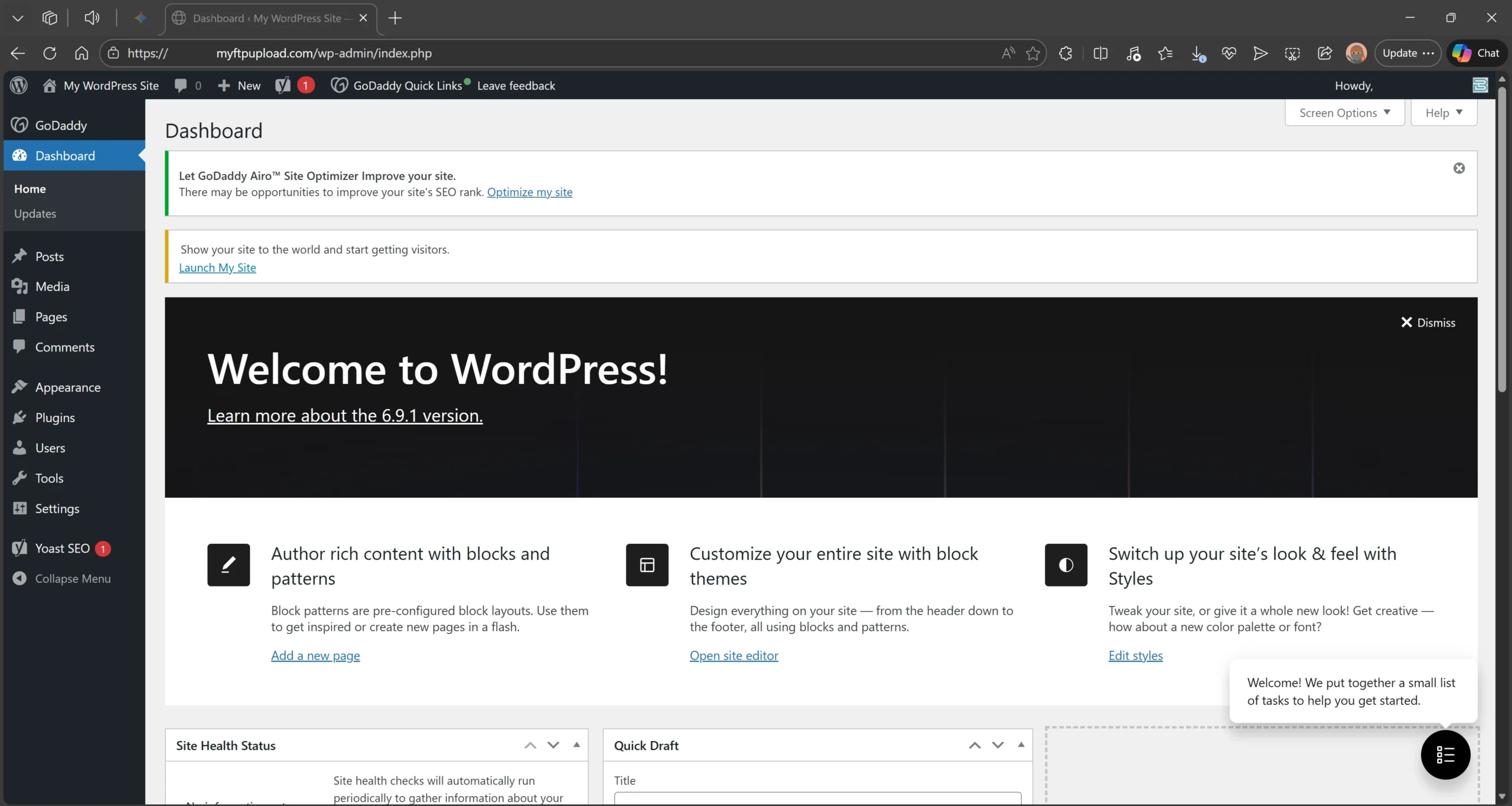 Image of a fresh install of the WordPress Dashboard