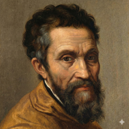 A high-fidelity colorized digital oil painting of Michelangelo, capturing the master artist with realistic skin tones, deep-set eyes, and a textured salt-and-pepper beard to symbolize the Digital Renaissance.