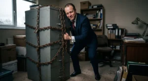 A smug corporate landlord holding a SaaS platform database hostage in a chained filing cabinet.