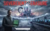 Digital manifesto art for "Sovereignty Erasure" by Necro Dev. Features a developer overlooking a dystopian city being struck by a Google-branded hammer (Panda 2.0). Includes a warehouse forklift and an AI HR kiosk, symbolizing the replacement of human judgment with autonomous agentic workflows.