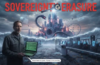 Digital manifesto art for "Sovereignty Erasure" by Necro Dev. Features a developer overlooking a dystopian city being struck by a Google-branded hammer (Panda 2.0). Includes a warehouse forklift and an AI HR kiosk, symbolizing the replacement of human judgment with autonomous agentic workflows.